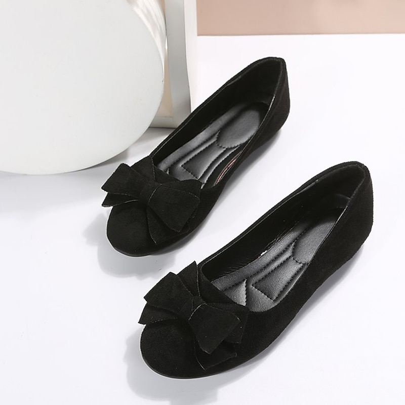 Women's Black Suede Ballet Flats – Elegant Bowknot Slip-On Shoes for Casual & Office Wear