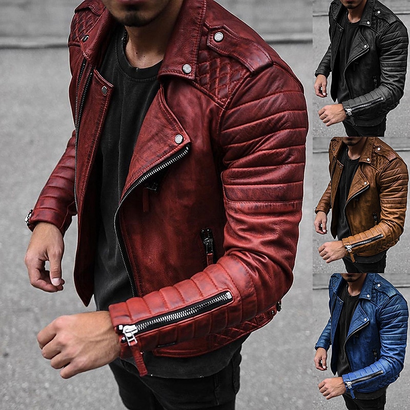 Men's Faux Leather Jacket Transition Jacket Biker Jacket Red Leather Jacket Street Casual Thermal Warm Windproof Faux Fur Trim Fall Pure Color Punk Fashion Lapel Regular Regular Faux Fur Faux Leather