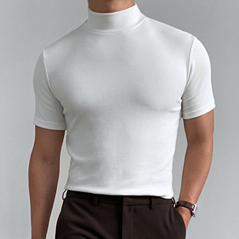 Men's T Shirt Turtleneck shirt Short Sleeve Stand Collar Summer Spring Plain Fashion Casual Comfortable Vacation Street Holiday Black White Red Top Tee for Men