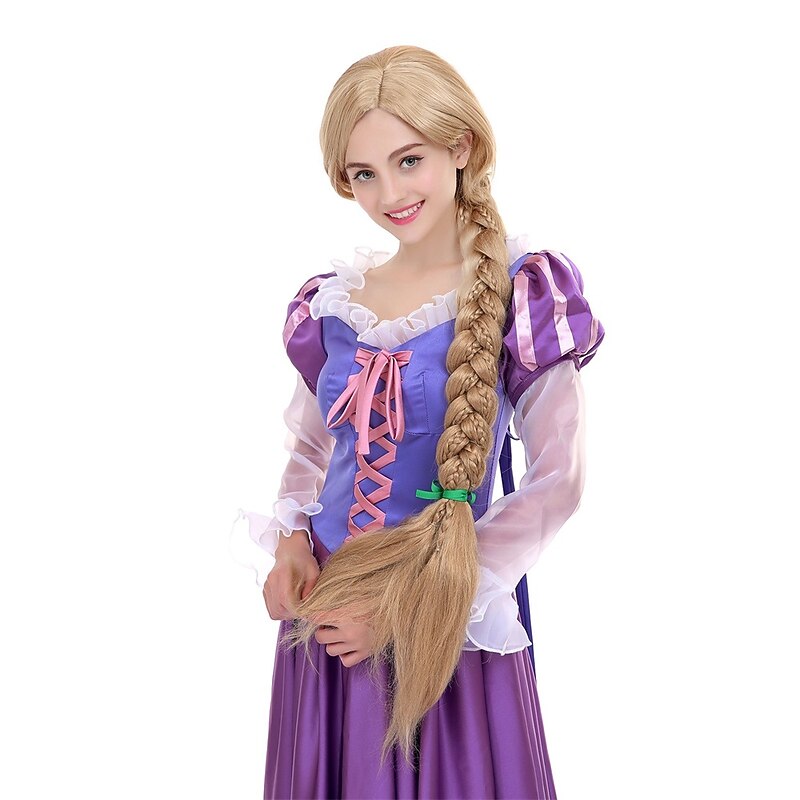 Angelaicos Womens 47 Inch Long Braids Blonde  Rapunzel Wig with 10pcs Flowers Halloween Wigs3