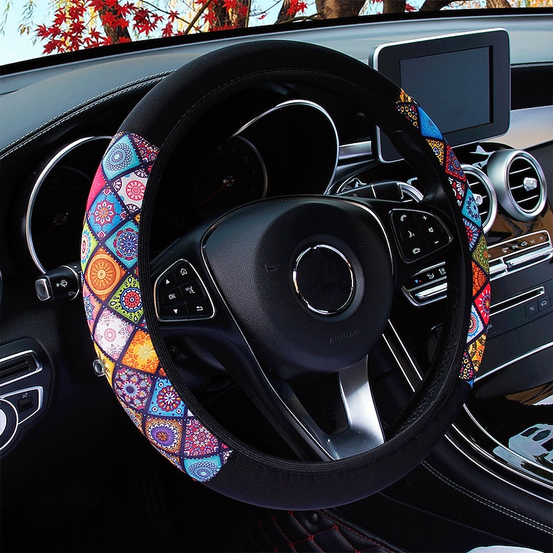 Elastic Car Steering Wheel Cover Ethnic Style Print Anti-slip Car Styling Car Steering-wheel Cover Car Interior Accessories 38cm
