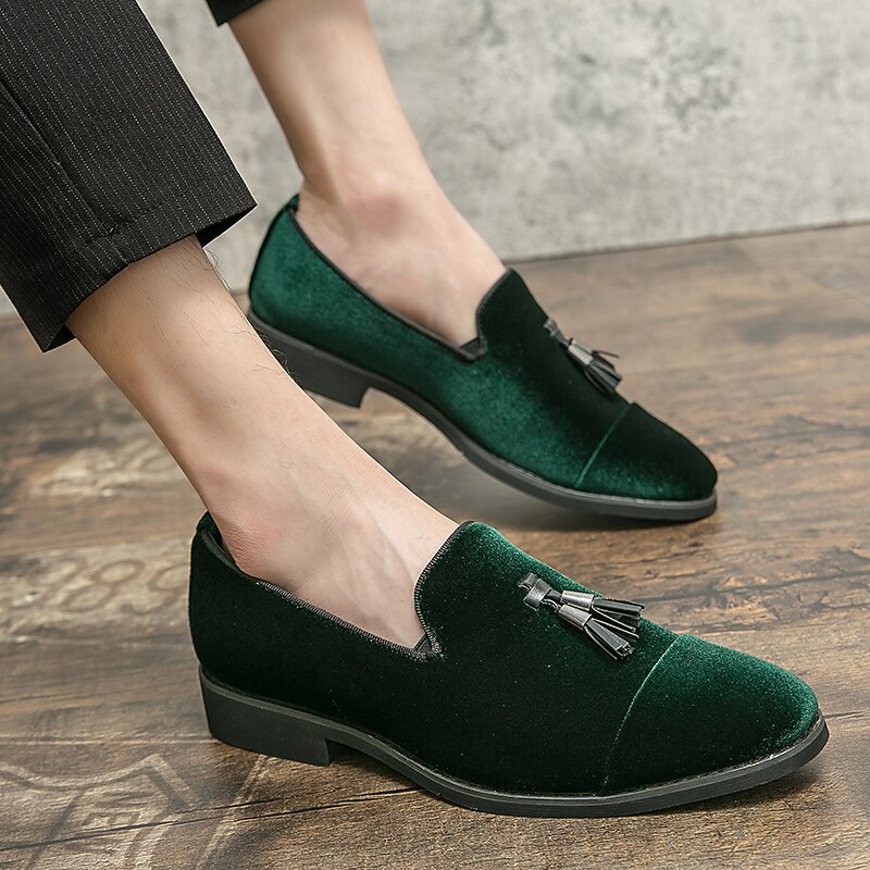 Men's Green Velvet Loafers with Tassel Detail – Elegant Slip-On Shoes for Formal Events, Weddings, and Parties3
