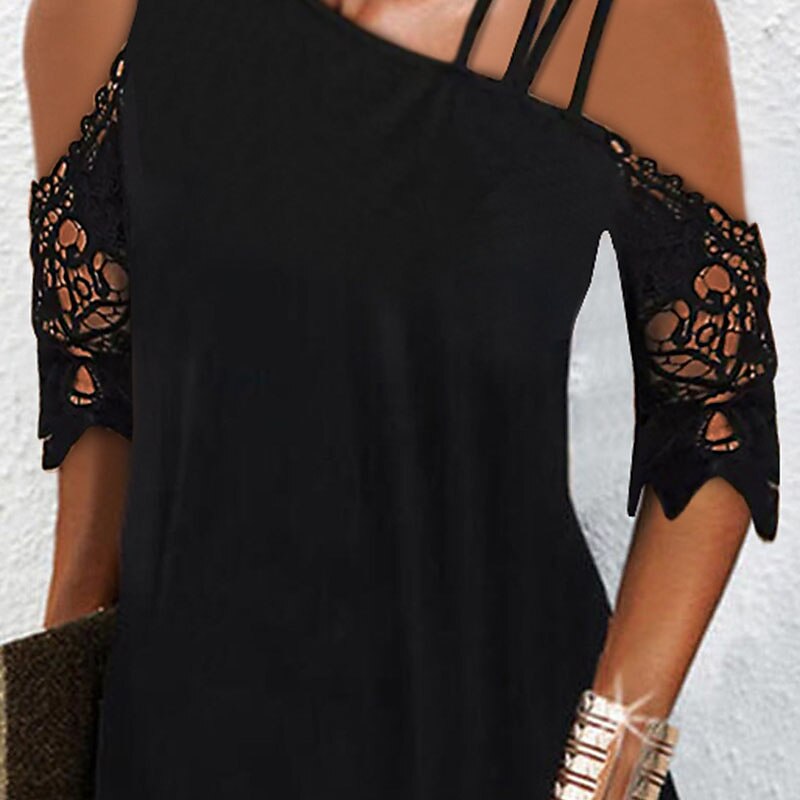 Women's Mini Dress Lace Dress A Line Dress Black Cocktail Dress Modern Mature Outdoor Vacation Going out Regular Fit Pure Color Short Sleeve Spaghetti Strap Cold Shoulder Black Summer Spring2