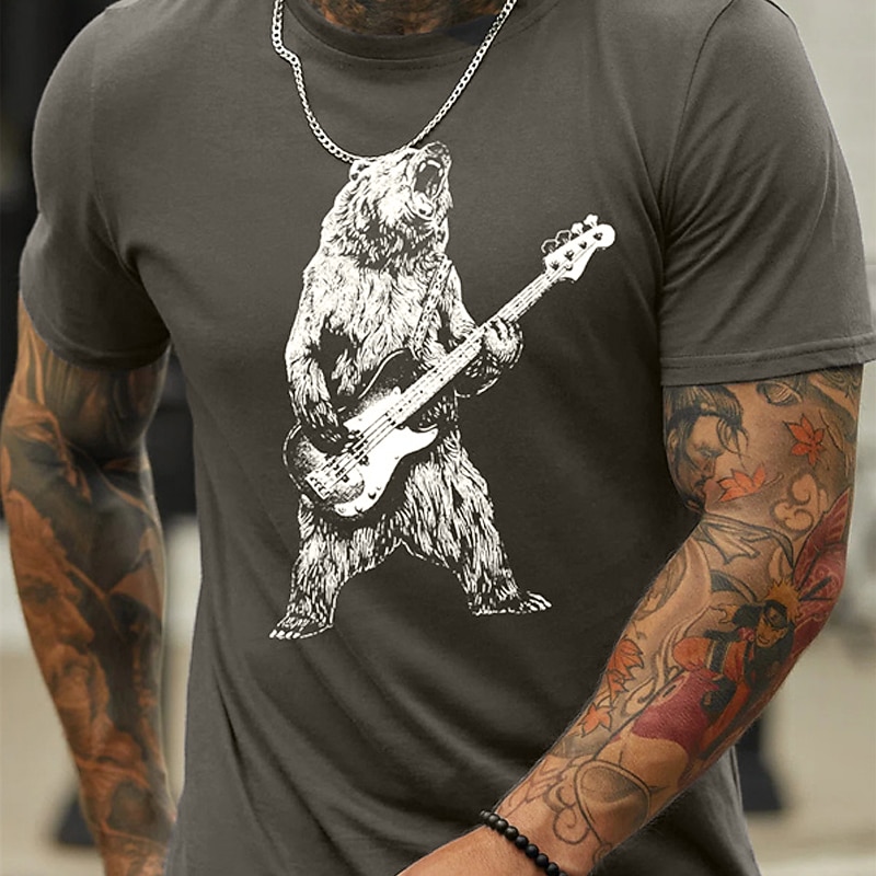 Men's Graphic T-Shirt: Rock Bear Playing Bass Guitar - Short Sleeve Funny Animal Music Lover3