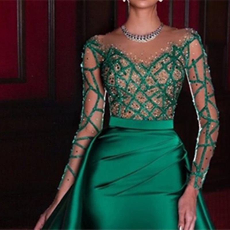 Mermaid Evening Gown Celebrity Style Dress Carnival Court Train Long Sleeve Jewel Neck Satin with Rhinestone Appliques2