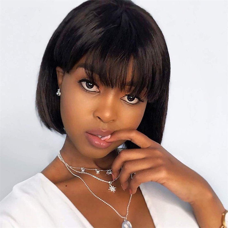 Winona Ryder Wig Short Bob Wigs Human Hair 8 Inch Virgin Hair None Lace Front Straight Short Human Hair Bob Wigs for Black Women Remy Black Wig with Bangs Natural Black Colour Christmas Party Wigs