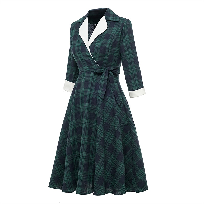 Women's Tartan Dress Swing Dress Plaid Dress Vintage Dress Green Red Long Sleeve Plaid Lace up Winter Fall Shirt Collar Mature Winter Dress Fall Dress 2022 S M L XL XXL2