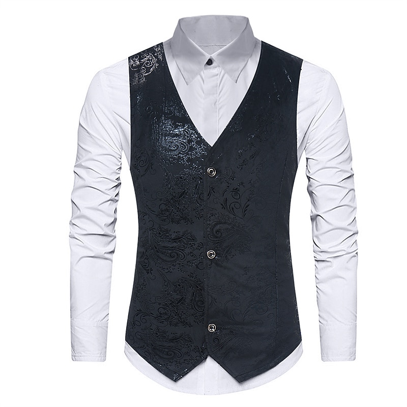 Men's Vest Gilet Wedding Party Bar Stylish Comfortable Summer Spring Pocket Polyester Breathable Floral Single Breasted V Neck Regular Fit Silver Black Dark Navy Gold Vest4