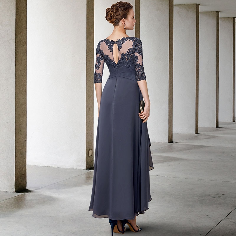 A-Line Mother of the Bride Dress Wedding Guest Elegant Plus Size High Low Jewel Neck Asymmetrical Tea Length Chiffon Lace Half Sleeve with Ruched Appliques3