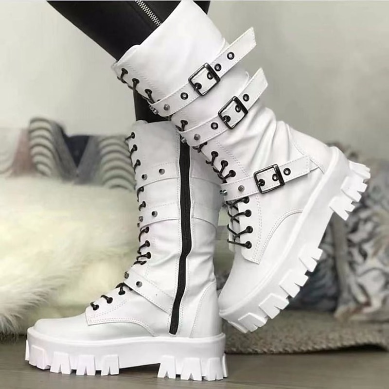 Women's White Combat Boots - Stylish Chunky Platform Lace-Up Boots with Buckle Straps and Side Zipper3
