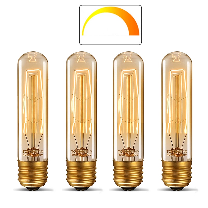 T10 Vintage Edison Light Bulb 40 Watt Dimmable Antique Tubular Old Fashioned Incandescent Bulb Warm White E26/E27 Base Amber Glass Lamp for Home Light Fixtures Decorative AC220V AC110V