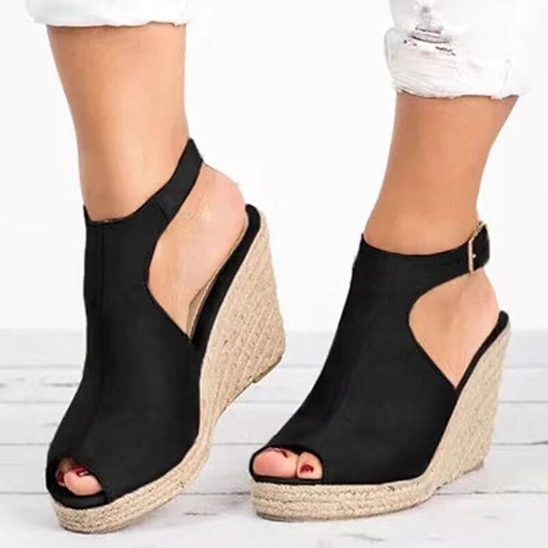 Women's Wedge Sandals Plus Size Outdoor Office Daily Solid Colored Summer Buckle Peep Toe Casual Minimalism Walking Nubuck Faux Suede Buckle Black Pink Blue3