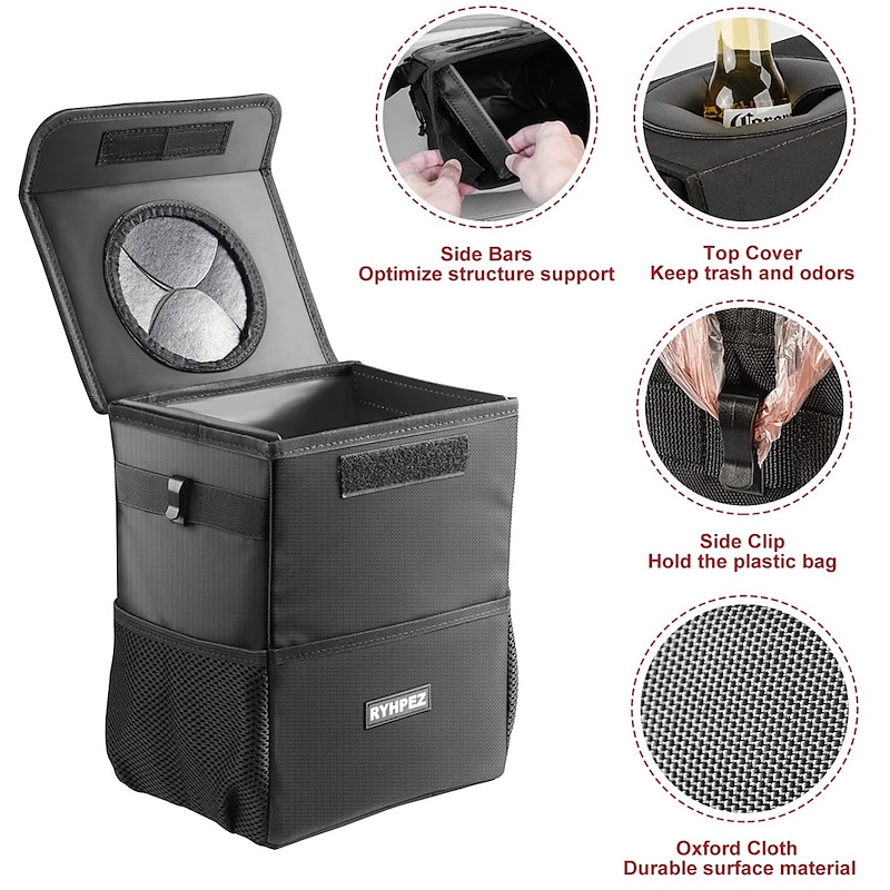 Car Trash Can with Lid - Car Trash Bag Hanging with Storage Pockets Collapsible and Portable Car Garbage Bin3