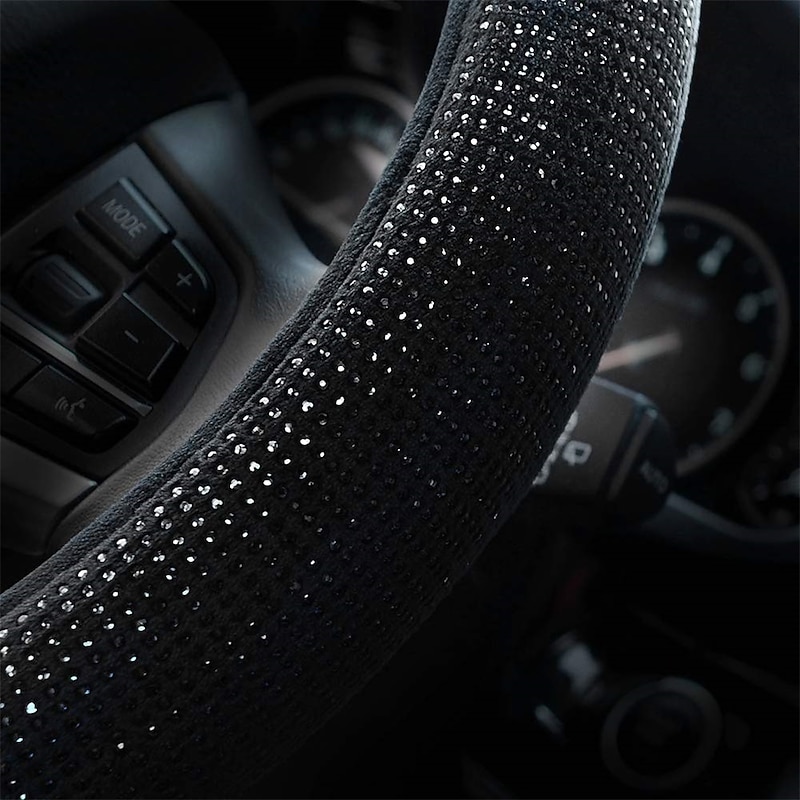 Steering Wheel Cover for Women Men Bling Bling Crystal Diamond Sparkling Car SUV Wheel Protector Universal Fit 15 Inch (Black with Blue DiamondStandard Size4