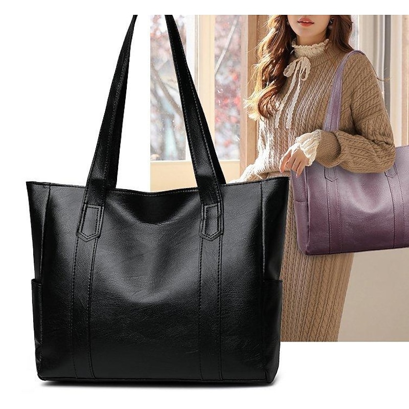 Women's Large Black Faux Leather Tote Bag – Stylish Shoulder Handbag for Work, Travel, and Daily Use