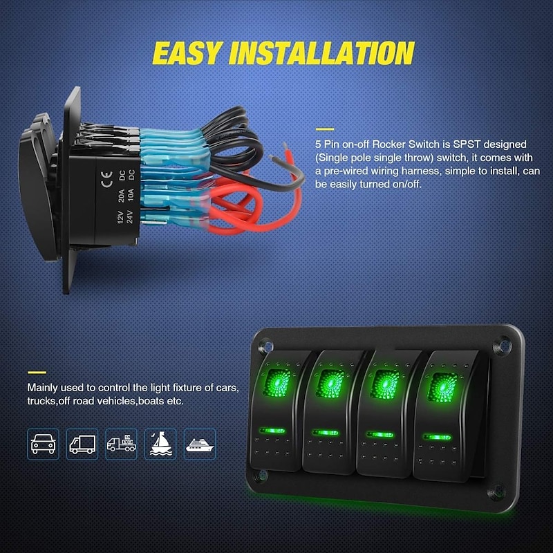4 Gang Rocker Switch Panel 5Pin On Off Toggle Switch Aluminum Holder 12V 24V Dash Pre-Wired Blue Green Red Backlit Switches for Automotive Cars Marine Boats RVs Truck