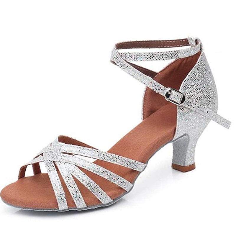 Women's Glitter Strappy Latin Dance Shoes with Suede Sole – Silver Rhinestone-Embellished Heels for Ballroom and Salsa3