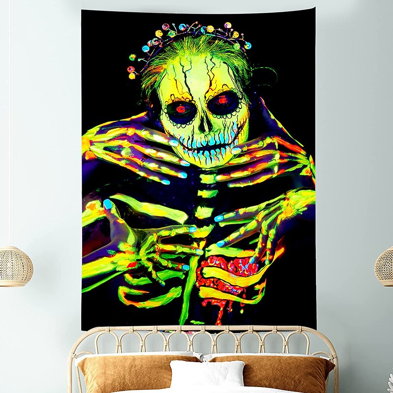 Halloween Decorations Blacklight UV Reactive Wall Tapestry Skeleton Art Decor Blanket Curtain Hanging Home Bedroom Decoration Polyester Skull4