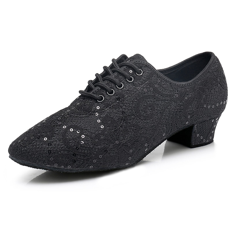 Women's Black Lace Dance Shoes with Mid Heel - Elegant Sequin Latin and Ballroom Shoes for Performance2