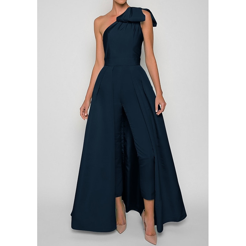 Jumpsuits Evening Gown Elegant Dress Formal Wedding Guest Floor Length Sleeveless One Shoulder Convertible Stretch Fabric with Bow(s) Pleats Overskirt