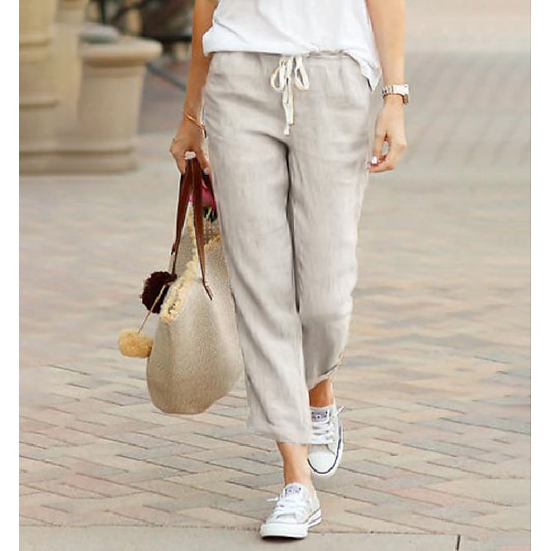 Women's Cotton Linen Drawstring Elastic Waist Pants With Pockets Casual Loose Trousers Summer Beach Comfy Quick Dry Lightweight Breathable Bottoms