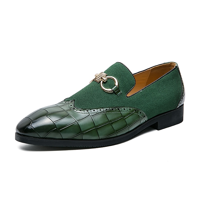 Men's Green Faux Leather Loafers with Crocodile Pattern and Gold Buckle - Stylish Formal Shoes for Office, Business & Casual Wear3