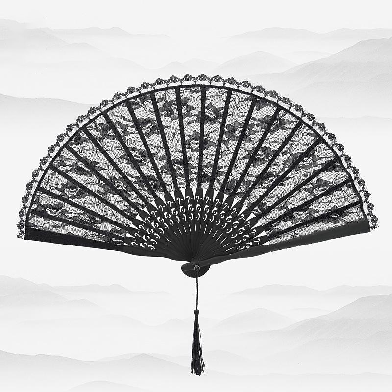 Classical Style Silk Composite Black Lace Fan Style Folding Fan Hand Held Gift Elegant
