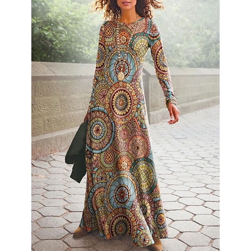 Women's Casual Dress T Shirt Dress Tee Dress Ethnic Dress Long Dress Maxi Dress Blue Orange Brown Long Sleeve Geometric Patchwork Winter Fall Spring Crew Neck Basic Winter Dress Daily Vacation 2023 S2