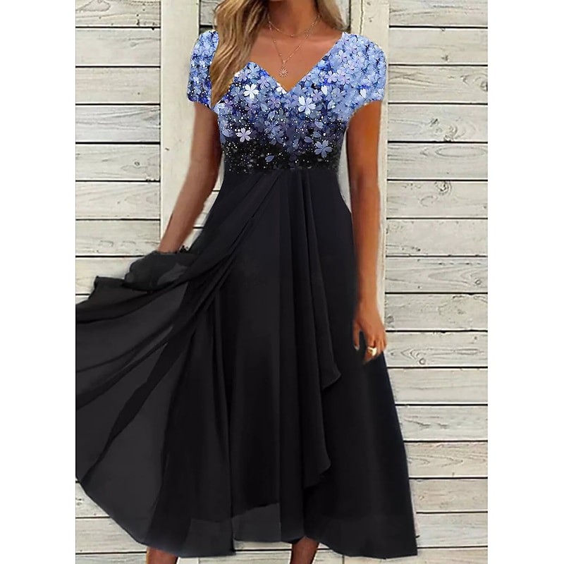Women's Wedding Guest Cocktail Dress Midi Dress Black Blue Purple Short Sleeve Floral Ruched Fall Spring Summer V Neck Stylish Vacation Weekend