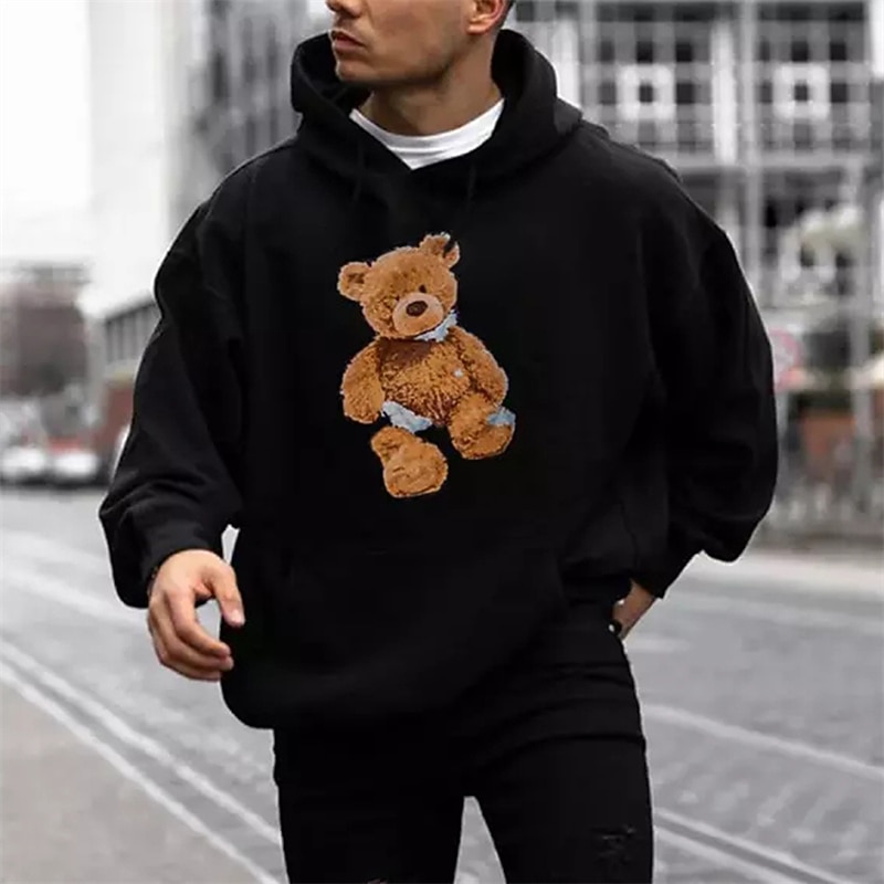 Men's Graphic Bear Print Hoodie Hoodies Sweatshirt Cool Designer Long Sleeve Hooded Sports & Outdoor Streetwear Black Spring Fall Designer
