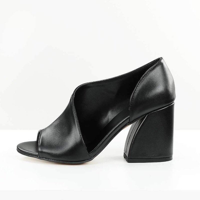 Women's Black Peep Toe Chunky Heel Sandals – Elegant Faux Leather Open-Toe Pumps for Office & Party3