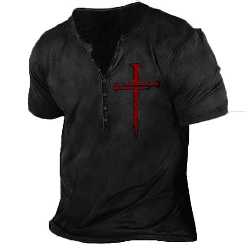 Men's T shirt Tee Henley Shirt Vintage Shirt Vintage Designer Basic Shirt Templar Cross Cross Short Sleeve Shirt Black Khaki Gray Outdoor Daily Sports Henley Summer Clothing Apparel 3D Print Plus Size3