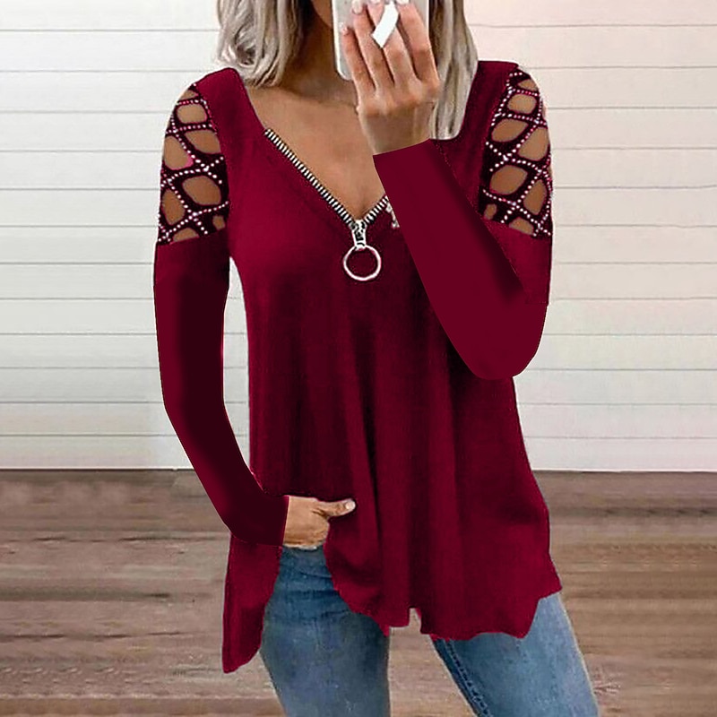 Women's Burgundy Tee Blouse Plain Basic Long Sleeve V Neck Off Shoulder Half Zip Regular Tops Casual Weekend Cut Out Flowing tunic Quarter Zip Black Fall & Winter4