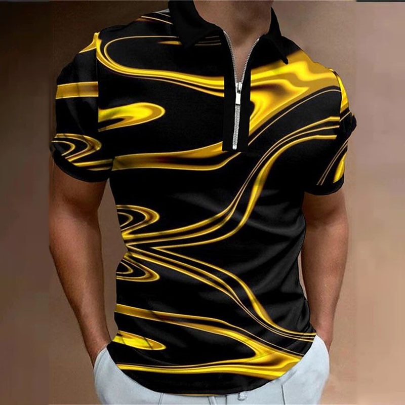 Men's Graphic Zip Polo Shirts Golf Shirt Short Sleeve Polo Shirts Collared Shirts Casual Vacation Wear Rave Wear Party Outfits 3D Print Quarter Zip Polo Yellow Navy Blue Purple