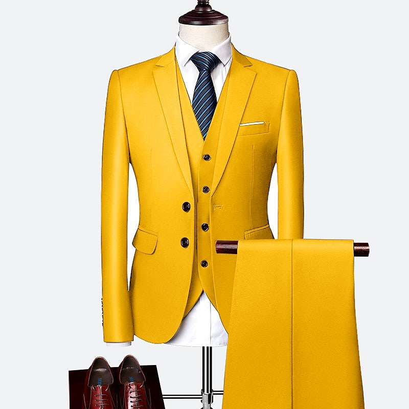 Men's Wedding Homecoming Groomsmen Suits Business WorkWear Yellow Sky Blue Solid Colored Standard Fit 3 Piece Single Breasted Two-buttons3
