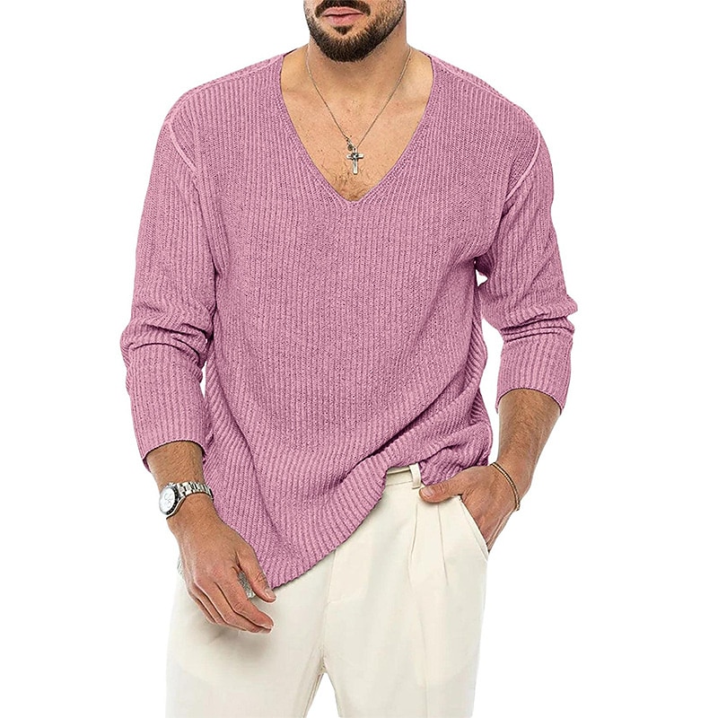 Men's Sweater Pullover Sweater Jumper Ribbed Knit Knitted V Neck Going out Weekend Clothing Apparel Winter Fall Black Pink M L XL3