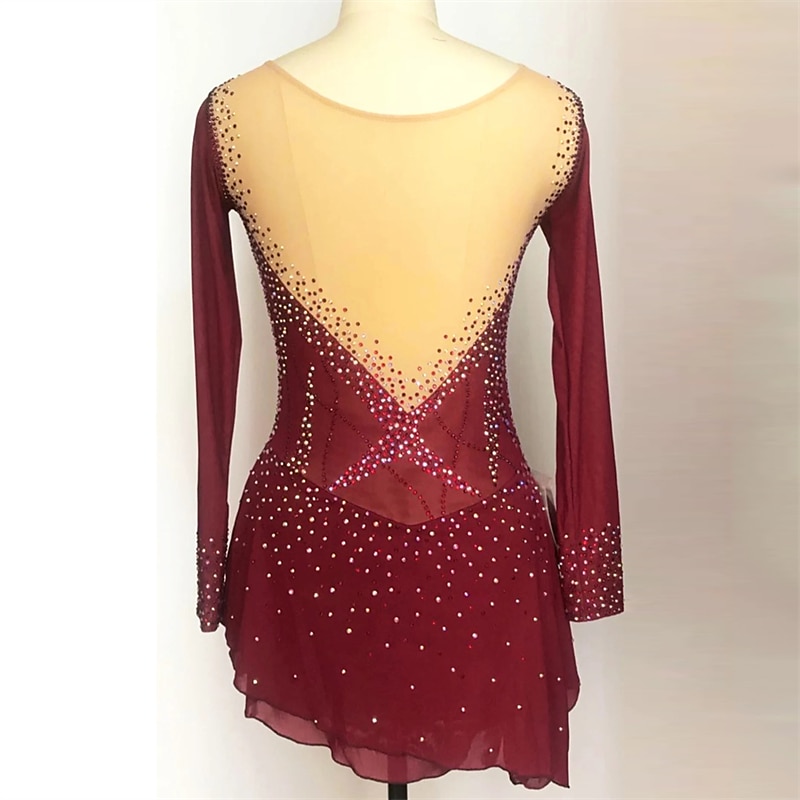 Figure Skating Dress Women's Girls' Ice Skating Dress Black Purple Rosy Pink Spandex High Elasticity Training Competition Skating Wear Handmade Crystal / Rhinestone Long Sleeve Ice Skating Figure2