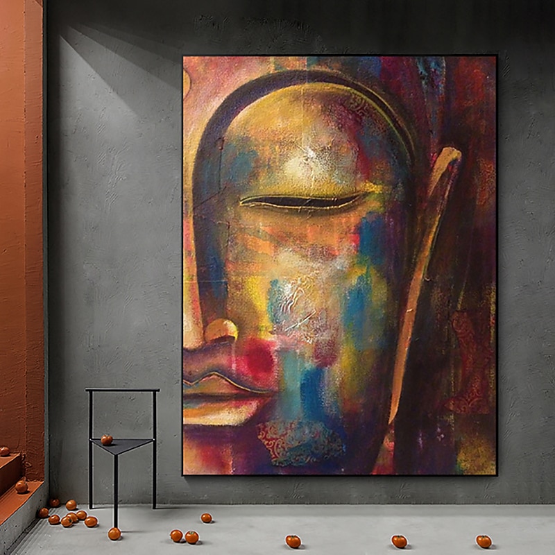 Handmade Oil Painting Canvas Wall Art Decoration Asian Religion Buddha Head for Home Decor Rolled Frameless Unstretched Painting