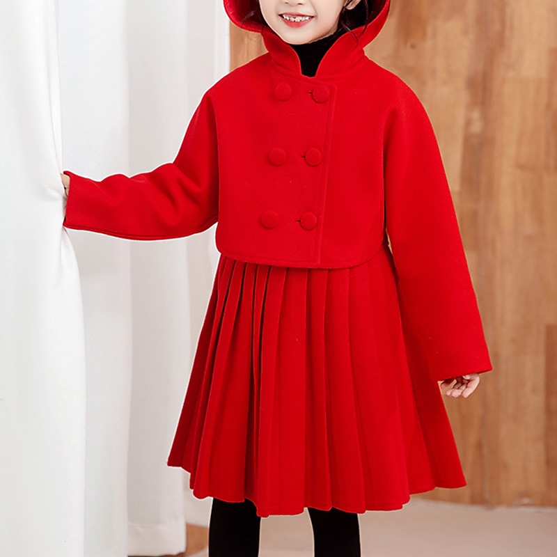 Kids Girls' Dress Solid Colored Long Sleeve Daily Pleated Cute Polyester Above Knee Two Piece Dress Winter 4-13 Years Red2