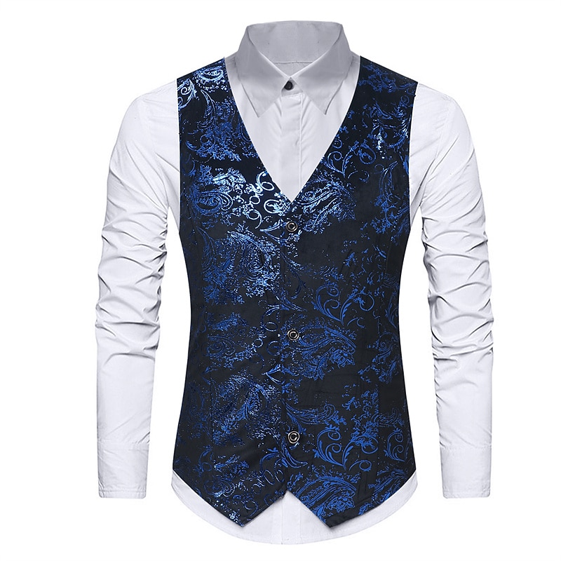Men's Vest Gilet Wedding Party Bar Stylish Comfortable Summer Spring Pocket Polyester Breathable Floral Single Breasted V Neck Regular Fit Silver Black Dark Navy Gold Vest3
