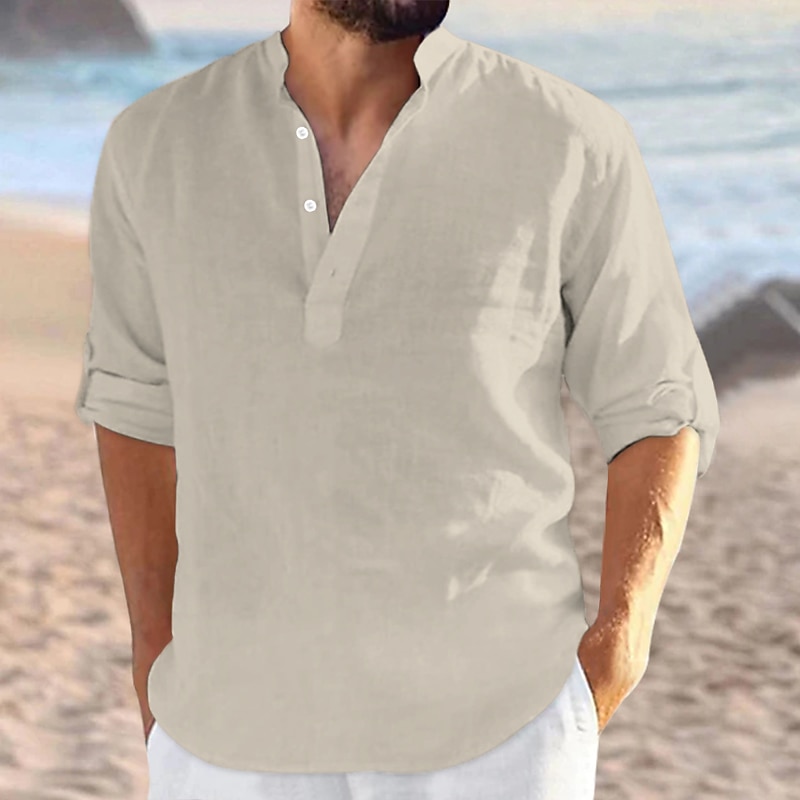 Men's Shirt Linen Shirt Summer Shirt Beach Wear Band Collar Shirt Plain Vacation Curise Black White Navy Blue Blue Long Sleeve V Neck All Seasons Clothing Apparel3