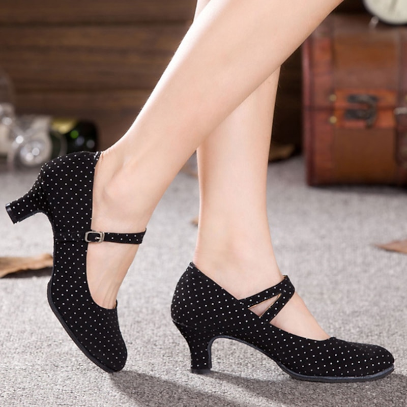 Women's Vintage Polka Dot Dance Shoes - Mid-Heel Mary Jane Style with Cross Strap for Ballroom, Latin, and Performance Events3