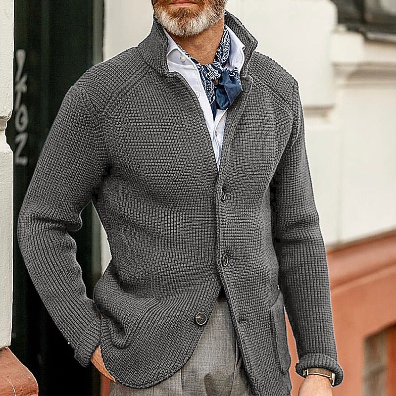 Men's Sweater Cardigan Sweater Jacket Blazer Waffle Knit  Stand Collar Cropped Knitted Solid Color Long Sleeve Basic Stylish Outdoor Daily Clothing Apparel Fall Winter Blue Khaki S M L3