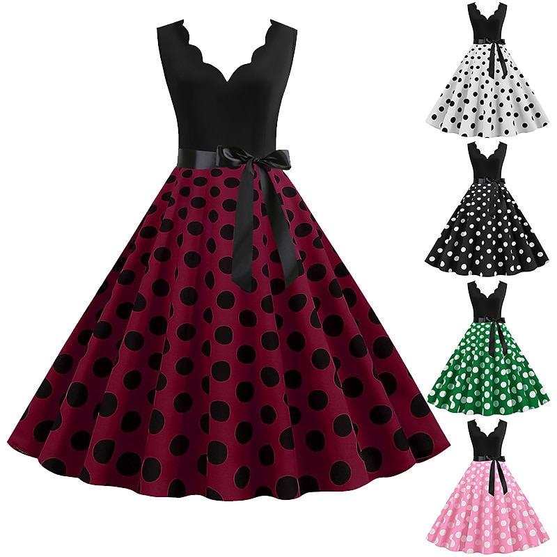 Elegant Retro Vintage 1950s Knee Length Dress Flare Dress Normal Gentlewoman Polka Dot A-Line V Neck Fancy Dress Women's Carnival New Year Masquerade Vacation Dailywear Casual Adults' Dress