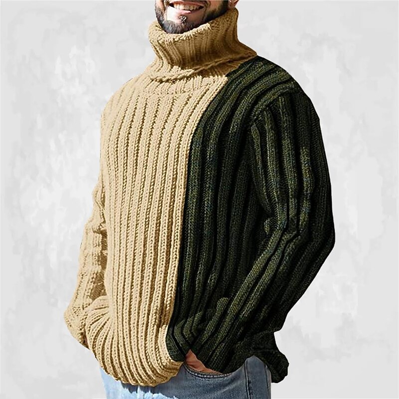 Men's Turtleneck Sweater Sweater Pullover Sweater Jumper Ribbed Cable Knit Cropped Knitted Color Block Turtleneck Stylish Basic Outdoor Daily Clothing Apparel Fall Winter Khaki M L XL