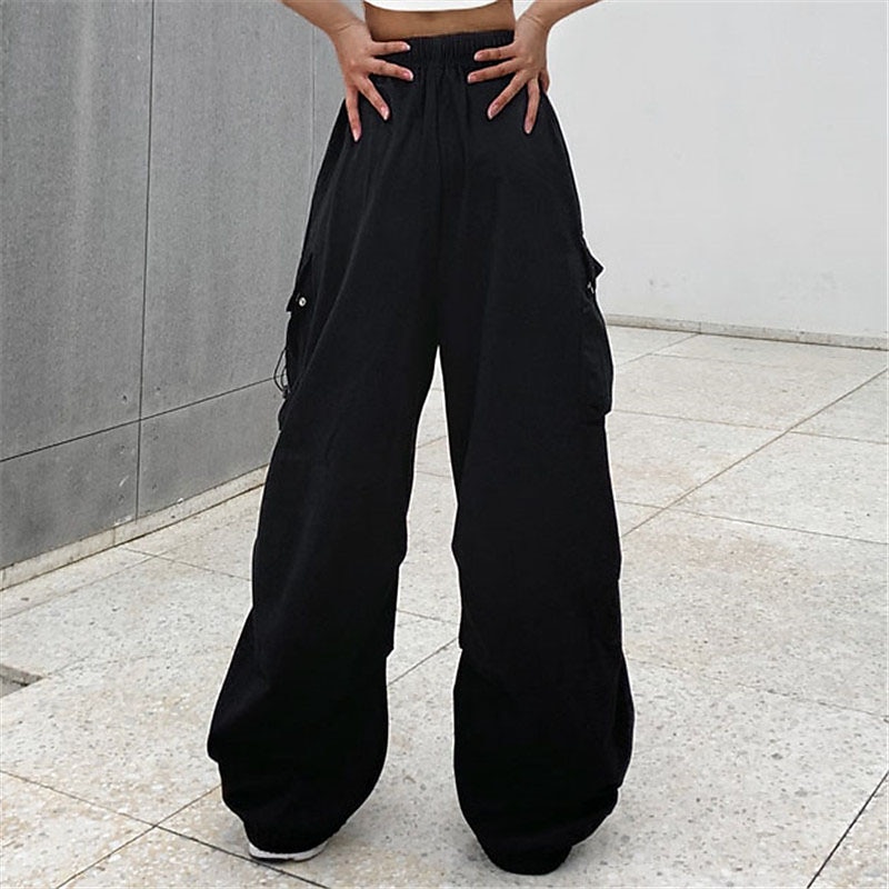 Women's Cargo parachute pants Wide Leg Trousers Baggy Full Length Baggy Micro-elastic High Waist Fashion Casual Daily ArmyGreen Black S M Spring & Fall2