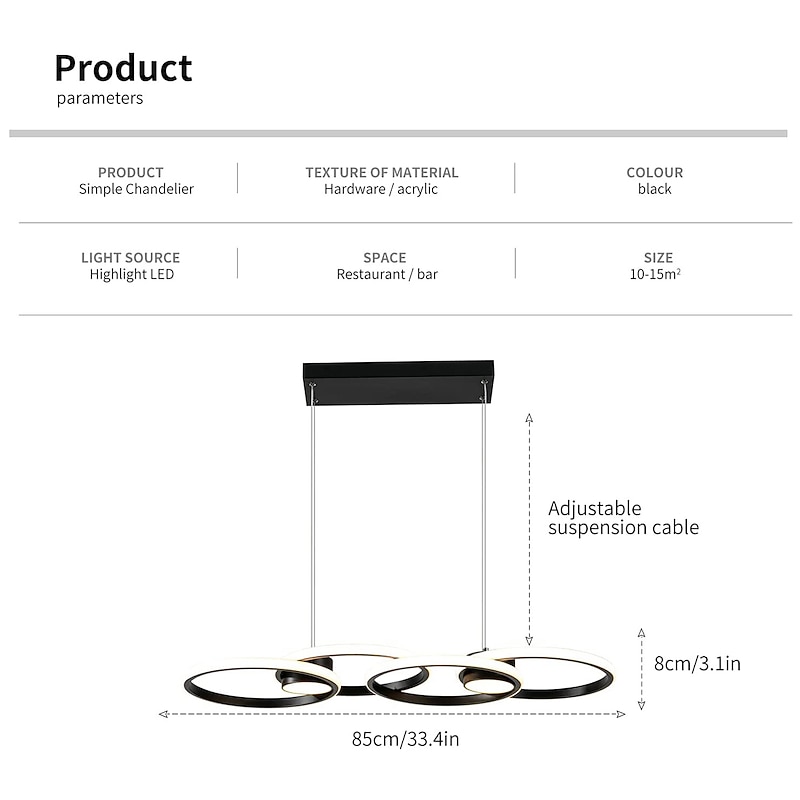 80W LED Ceiling Light Four Circle Adjustable Height Led Modern Restaurant Ceiling Light Gold and Black Suitable for Dining Room and Bedroom AC110V AC220V3