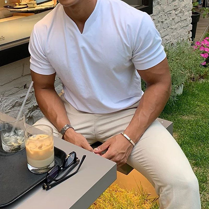 Men's T Shirt Short Sleeve V Neck Summer Plain Sports Fashion Lightweight Classic Style Vacation Casual Holiday Black White Pink Top Tee for Men3