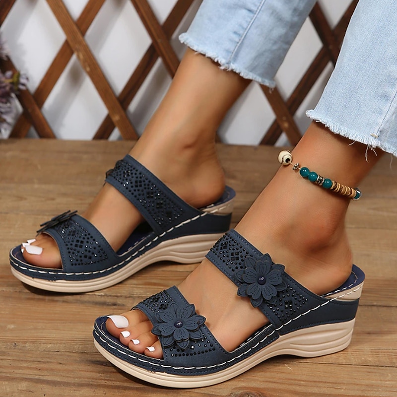 Women's Floral Embellished Wedge Sandals with Comfortable Arch Support - Perfect for Casual Summer Outings3
