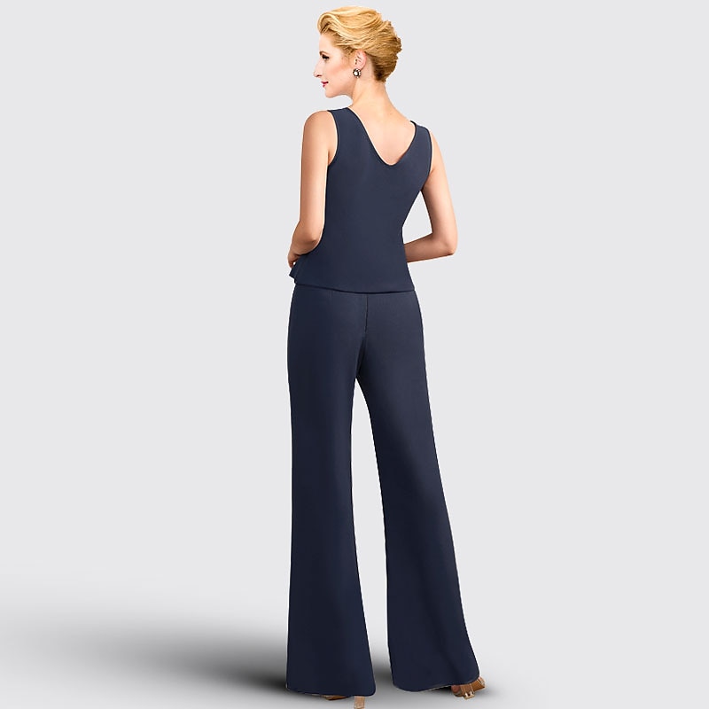 Pantsuit 3 Piece Mother of the Bride  Formal Wedding Guest Elegant Plus Size Jewel Neck Floor Length Chiffon Lace Sleeveless with Appliques4